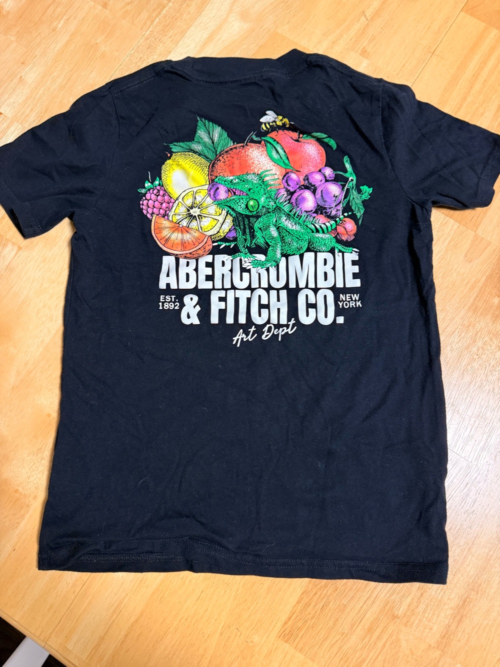 Abercrombie & Fitch Kids Black Tee with Bright Fruit & Green Chameleon Graphic